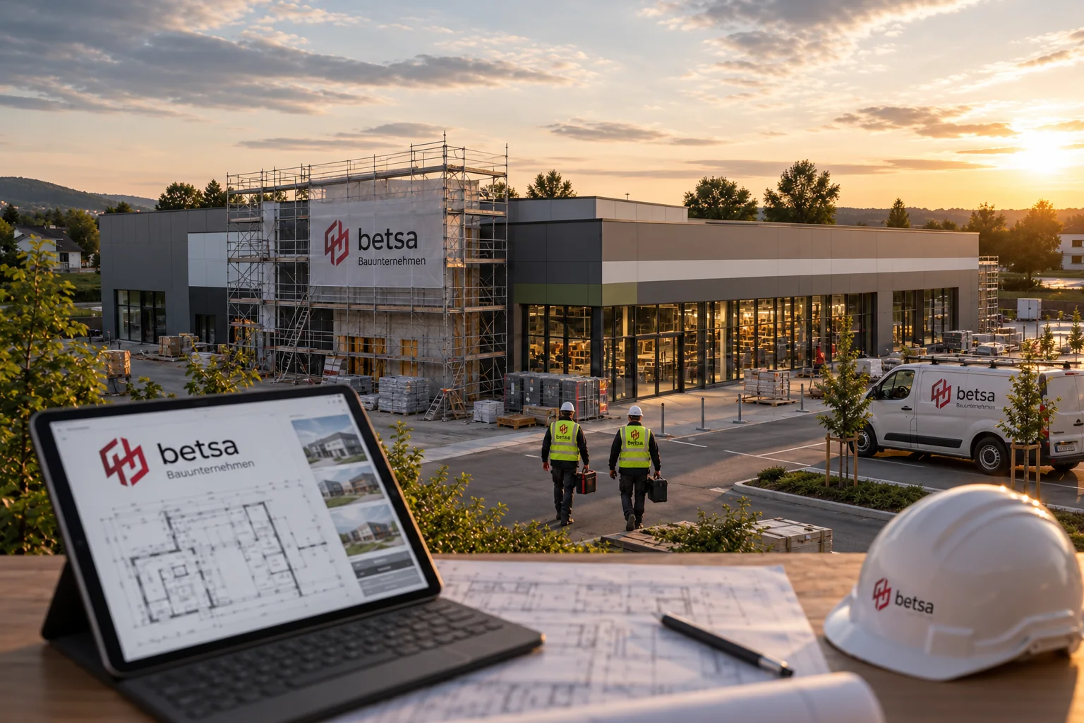 Gewerbeneubau der BETSA GmbH mit Gerüst, Bauleitung auf dem Gelände, Planunterlagen und Helm im Vordergrund